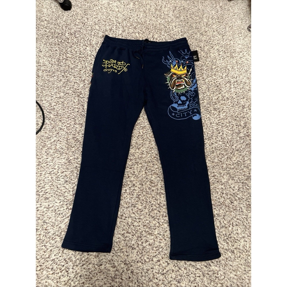 Ed Hardy New Men's Tiger Straight Fleece Navy Sweatpants Size‎ XL